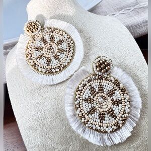 Free People Beaded Fringe Statement Earrings in White, Cream & Gold